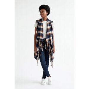 Women's Entro Plaid Fringe Vest Shawl Navy Orange Sm Rustic Cabincore Lagenlook